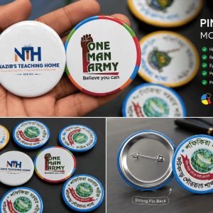 Custom pin badge printing with colorful logo designs for schools, events, organizations, and promotional branding.