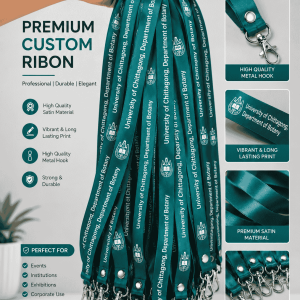 Custom university ID card ribbon lanyard with printed university logo and branding.