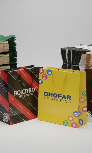 Colorful printed shopping bags stacked for display